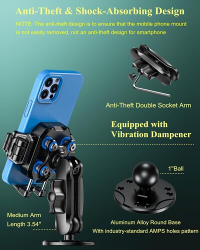 BRCOVAN Anti-Theft Phone Mount Holder with Vibration Dampener [Camera Friendly] [1s Lock & Release] with Aluminum Round Base & Medium Arm, for Car Boat Truck Motorcycle UTV, Fit 5.4-7.2'' Smartphones - Image 3