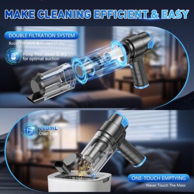KMM Handheld Car Vacuum Cleaner, 16000PA Air Duster & Vacuum Cleaner, 120W High Power Hand Held Vacuum Cordless, Portable Vacuum Rechargeable with Multi-Nozzles & LED Light for Car, Home, Pet, Office - Image 5