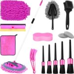 Pink 62" Car Wash Brush with Long Handle,Chenille Microfiber Car Wash Mop Sponge Mitt ,Windshield Window Squeegee,Wheel Brush,Car Detailing Brushes,Car Duster,Towel,Car Cleaning Kit for Cars RV Truck