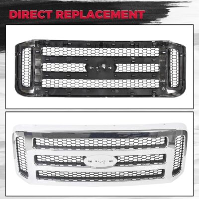 HECASA Front Grille Compatible with 2005-2007 Ford F250 F350 F450 F550 SuperDuty FO1200456 5C3Z8200BAA Upper Bumper Hood Grill W/Gray Honey Comb Chrome - Image 3