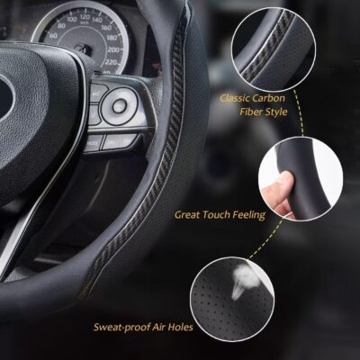 Steering Wheel Cover Black, Carbon Fiber Car Steering Wheel Covers with Coasters Universal 14.5-15 inch Leather Microfiber Breathable Anti-Slip Steering Wheel Accessories Set - Image 3