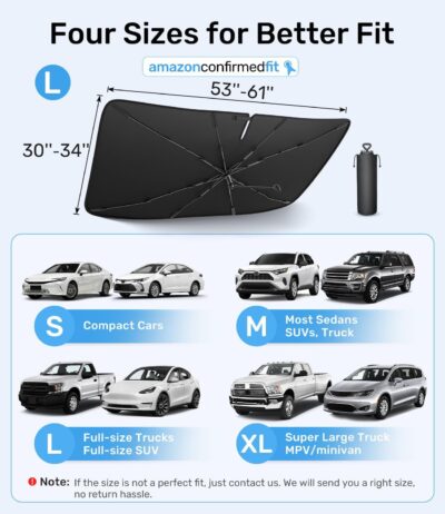 Zanch 2025 Upgraded Car Windshield Sun Shade [Cool Down by 75℉ ] with Heat Insulation Coating, Foldable Sunshade Umbrella with Flexible Handle & Ribs, Large (34''x61'') for Large SUV, Truck, Van - Image 7