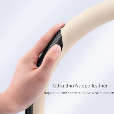 Nappa Leather car Steering Wheel Cover,Carbon Fiber Sports car Interior Non-Slip Ultrathin 15 inches Universal (White) - Image 2