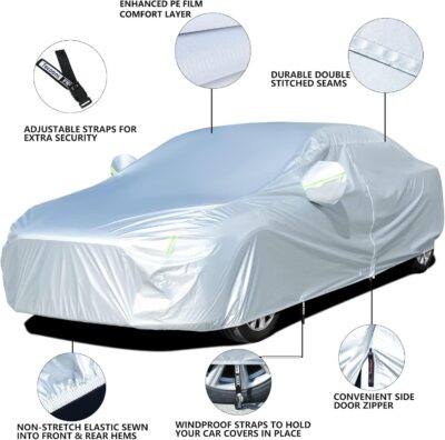 Tecoom Light Shell Waterproof UV-Proof Windproof Design Car Cover with Zipper Storage and Lock for All Weather Indoor Outdoor Fit 160-172 Inches Hatchback - Image 3