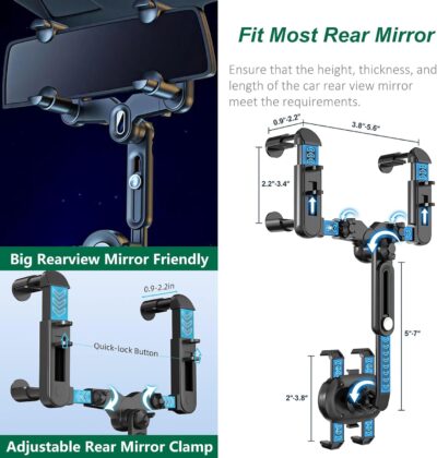 PKYAA Rearview Mirror Phone Holder for Car, 360° Rotating Rear View Mount with Adjustable Arm Length, Upgraded Four Corners Fixed Anti-Shake Multifunctional Design for All Smartphones - Image 3