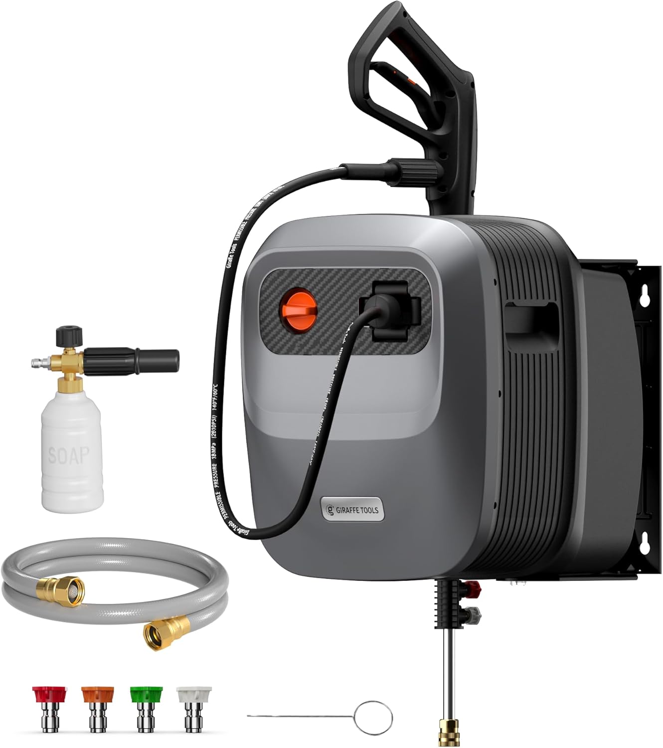 712BZnhRlL._AC_SL1500_.jpg Giraffe Tools Grandfalls Retractable Pressure Washer G20B, 2500 PSI 2.2 GPM, Wall Mounted Power Washer with 65FT Hose Reel, Black Pressure Hoses, 4 Nozzles for Floor/Cars/Fences/Patios, Dark Silver - Image 1
