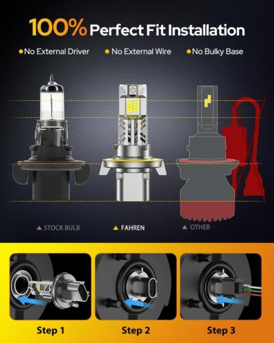 FAHREN H13/9008 Light Bulbs, 6500K Cool White, 50000LM High Brightness, 32 CSP Chips, 1:1 Halogen Size, IP68 Waterproof Fog Light, Long Lifespan, Plug and Play,Pack of 2 - Image 8
