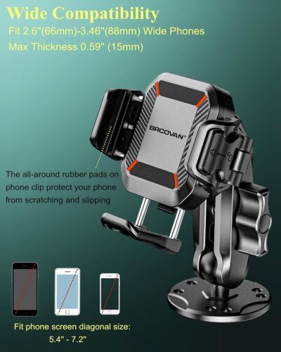 BRCOVAN Anti-Theft Phone Mount Holder with Vibration Dampener [Camera Friendly] [1s Lock & Release] with Aluminum Round Base & Medium Arm, for Car Boat Truck Motorcycle UTV, Fit 5.4-7.2'' Smartphones - Image 7