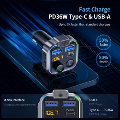 UNBREAKcable Bluetooth FM Transmitter for Car, PD 38W Fast Charging, Wireless Bluetooth FM Radio Adapter, Car Kit with Hands-Free Calls, HiFi Bass Boost MP3 Music Player Support USB Drive - Image 2