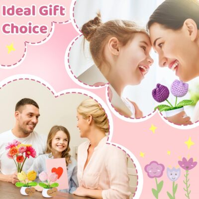 3 PCS Crochet Flower Pot,Crochet Tulip Small Potted Plants Handmade Knitted Flower Mothers Day Valentines Gifts Desk Car Dashboard Decor Gifts - Image 8