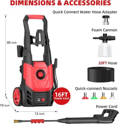 Electric Pressure Washer, 2.5 Max GPM Electric Power Washer with Foam Cannon, Powerwasher with 4 Nozzles, High Pressure Washer for Cars, Driveways, Patios, Decks - Image 7