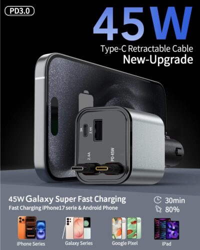 84W Upgraded Retractable Car Charger Adapter for iPhone 17,4 in 1 Fast Charging Car Phone Charger,USB C Car Truck Accessories,Road Trip Essentials Gift for Men for iPhone 17/16/15,Galaxy S26,Pixel 10 - Image 5