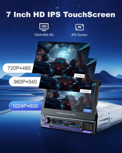 2026 Single Din Car Stereo with Wireless Apple CarPlay & Android Auto, 7-inch HD Motorized Flip Out Touchscreen Head Unit, Upgrade Type-C Fast Charge/USB/Bluetooth 5.1/DSP/AM/FM Radio Receiver - Image 8