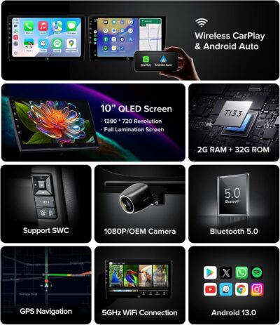 10" Android 13 Car Stereo for Toyota Camry (2015-2017) Radio Upgrade with Wireless CarPlay Android Auto, QLED Touch Screen, GPS Navigation, 5G WiFi, 1080P Backup Camera, SWC Support - Image 5