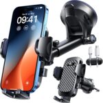 YRU True Military-Grade [360° Rotation Suction] 2026 Ultimate Car Phone Holder Mount 【90+LBS Safest Strongest & Patent Certs】 Dash Windshield Vent for iPhone 17 16 Pro Max Samsung Camera,Gloss Black