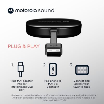 Motorola Sound MA1, the Only Google Authorized Wireless Android Auto Car Adapter, Smartphone to Screen Wireless Bridge Car Accessories, USB Type-A - Image 5