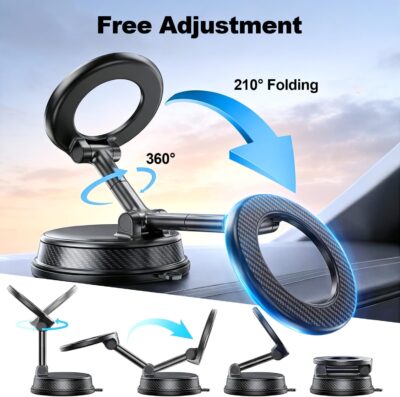 Black Magnetic Phone Holder for Car, Vacuum Suction & 3000gf Magnet, 360° Adjustable Dashboard Mount, Compatible with iPhone & Android - Image 3