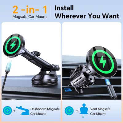 Coolpow for MagSafe Car Mount Charger【Ultra Magnet】Magnetic Phone Holders for Your Car Charger【Windshield+Vent+Dash】Magnetic Wireless Car Phone Holder Mount Charger Car Accessories for iPhone 17 16 15 - Image 2
