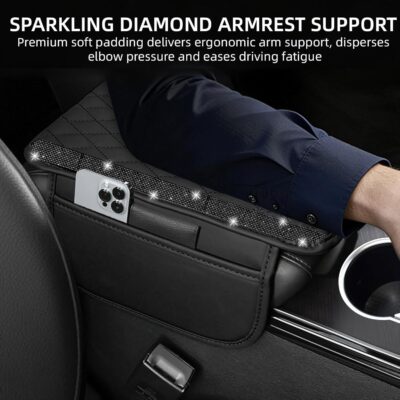 NBTEPEM Bling Car Center Console Cover, Leather Car Arm Rest Cover Cushion with 2 Storage Bags, Universal Automotive Armrest Protector Storage Box, Bling Accessories Interior for Most Vehicles (Black) - Image 4