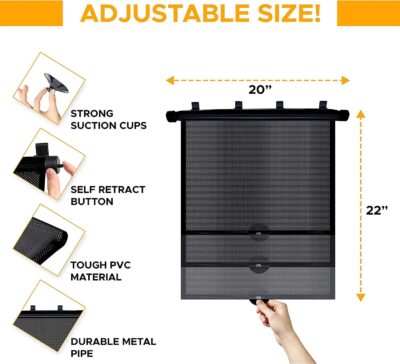 EcoNour Window Shades for Car Baby (2 Pack) | Retractable car Window Shade for Baby for Sun Protection for Kids, Passengers & Pets in The Back Seat | Car Window Covers for Trucks | (20”x22”) - Image 6