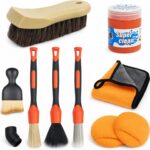 9PCS Car Detailing Brush, Horse Hair and Boar Bristle Brush Set with Elbow Adapter, Microfiber Wax Applicator Pads, Drying Towel and Cleaning Gel,Cleaning Kit for Interior Exterior