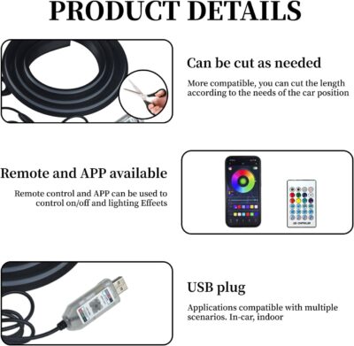 Car Dashboard LED Interior Strip Light,55''USB Powered Acrylic Neon Flexible Strip Fiber Optic LED Ambent Lighting Kits with Remote APP and Type-C Adapter(1 in 1) - Image 5
