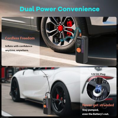 Portable Tire Inflator Air Compressor, 150 PSI Cordless Air Pump, 6000mAh Battery & 12V Car Outlet, Digital Pressure Gauge, Auto Shut-Off, Fast 24L/Min, LED Light, 4 Preset Modes for Car, Bike, Balls - Image 6