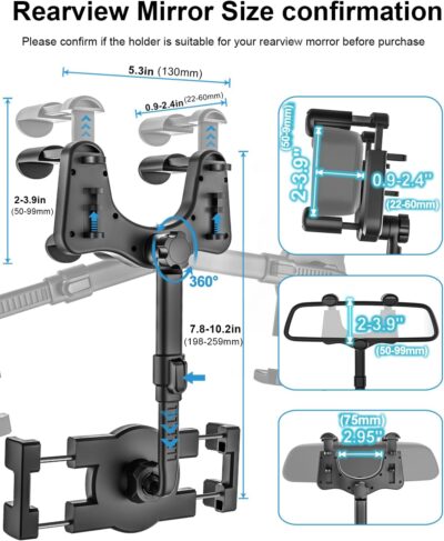 Car Rearview Mirror Phone Holder [360°Rotatable & Retractable] Rear View Mirror Phone Mount Clip, Phone Holders for Your Car Accessories, for iPhone Air 17 Pro Max 16 15 14 13 12, S25, All Smartphones - Image 5