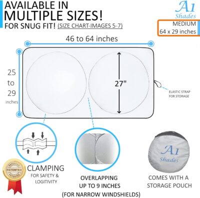 Car Windshield Sun Shade with Storage Pouch by A1 Sunshade Retractable Automotive Car Truck SUV Front Window Shield Blocker Screen Visor Protector Cover for Auto Interior Accessories for Heat Medium - Image 2