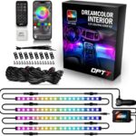 OPT7 Aura DreamColor RGB-IC LED Car Interior Light Strips, 4PC Neon Ambient Lighting Kit with APP & Remote, 12V Music Color Chasing Lights for SUV Truck Van, Under Dash Decor