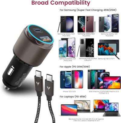 VELOGK Super Fast Type C Car Charger [73W Turbo], Fast Adaptive 55W 45W PPS/PD&QC3.0 USB C Car Adapter[Super Fast Charging 2.0]for Samsung S26 Ultra/S25 Ultra/S24 Ultra/S23 Ultra/S22+,iPad Pro,Macbook - Image 5