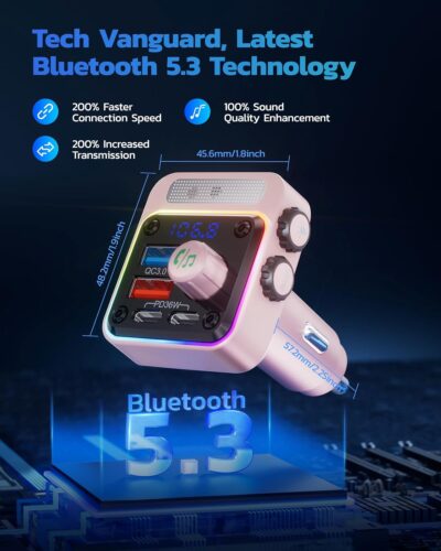 Nulaxy 54W Bluetooth 5.3 Car Adapter with 4 Charging Ports [PD 36W & QC3.0 18W], Wireless Radio FM Transmitter with Deep Bass Player & 5 Colors LED Backlit, Hands-Free Calling - Pink - Image 3