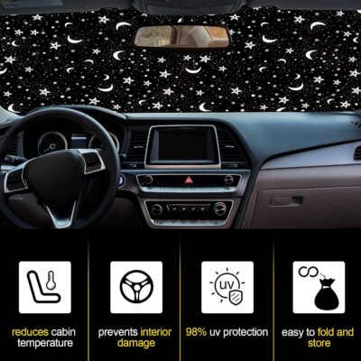 Woanger Windshield Sun Shade Foldable Car Front Window Covers for Car Accessories Sun Heat UV Rays Visor Protector Protection for Universal Cars SUV Truck (Moon Star) - Image 5