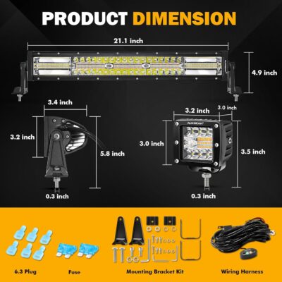 Auxbeam 22 Inch 120W LED Light Bar 2PCS 3 Inch 96W LED Pods, Amber White Fog Light 6 Modes Strobe Lights for Work Truck, Spot Flood Combo Off Road Driving Lights for Jeep ATV Utv Auto - Image 3