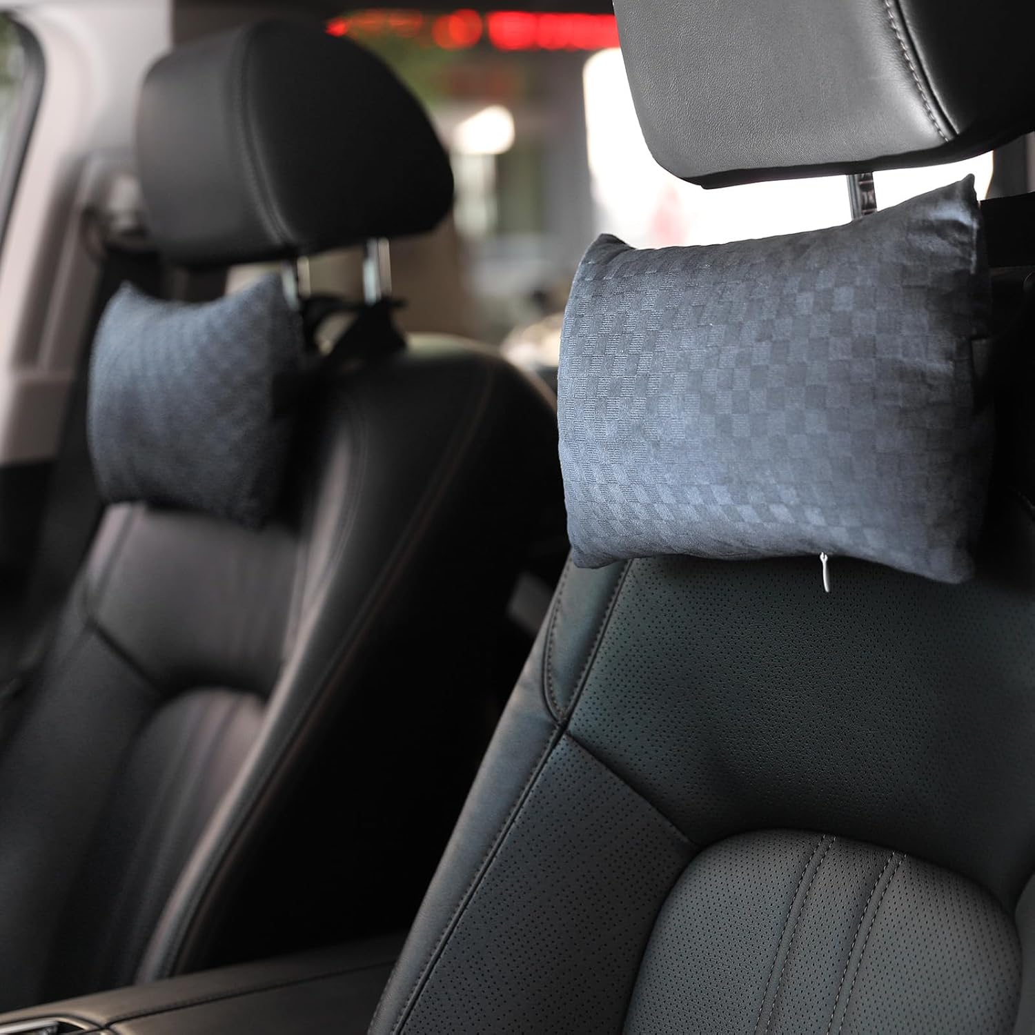 7154BuNbMvL._AC_SL1500_.jpg 2-Pack Car Headrest Neck Pillows, 100% Cotton Fill with Adjustable Strap, Breathable Support for Driving & Travel (Gray Checkerboard) - Image 1