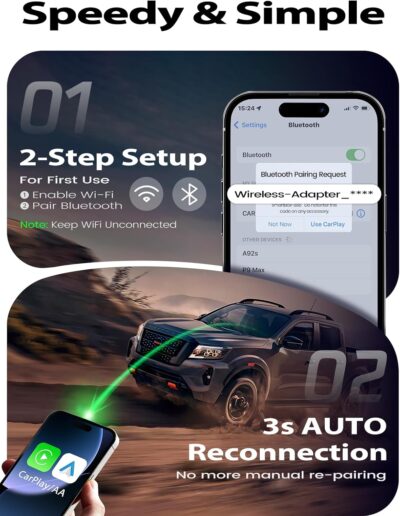 Wireless CarPlay Adapter for iPhone, 1-Click Switch for 2 Phones, Plug & Play, No Delay, Converts Wired to Wireless Car Play Dongle, Fast Stable for Cars 2016+ with Apple CarPlay & Android Auto Grey - Image 5