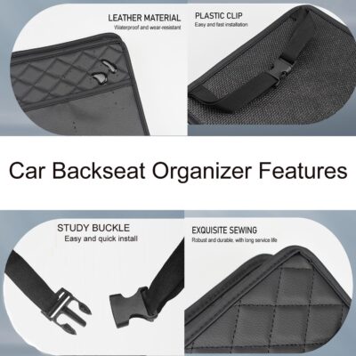 LXUNYI Car Seat Organizer,2 Pack Waterproof Pu Leather Backseat Car Organizer and Storage Bag Foldable Universal Hanging Car Seat Back Organizers for Kids & Adults Car Travel Accessories（Black） - Image 5