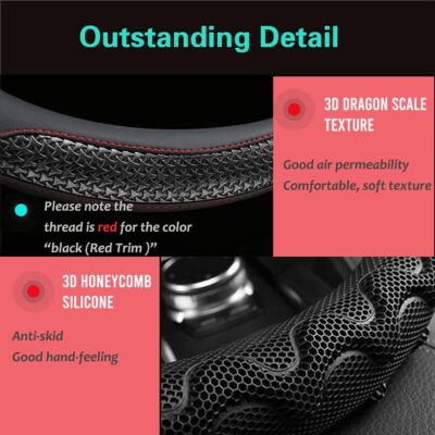 PINCTROT Steering Wheel Cover Great Grip with 3D Honeycomb Anti-Slip Design, Universal 14.5-15 Inch (Black/Red Stitch) - Image 3