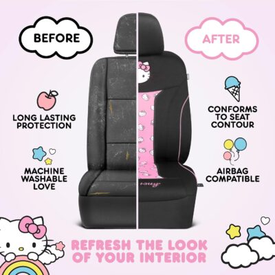 Carbella Hello Kitty Car Seat Covers - Cute and Durable Pink Front Seat Covers, Adorable Hello Kitty Design, Comfortable and Long-Lasting Polyester, Car Accessories Gift 2pc Black/Pink - Image 7
