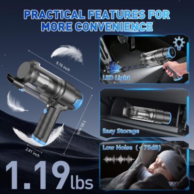 KMM Handheld Car Vacuum Cleaner, 16000PA Air Duster & Vacuum Cleaner, 120W High Power Hand Held Vacuum Cordless, Portable Vacuum Rechargeable with Multi-Nozzles & LED Light for Car, Home, Pet, Office - Image 7