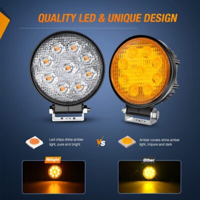 Nilight LED Light Bar 2PCS 4.5 Inch 27W Amber Pods Round Spot Lighting Off Road Fog Driving Roof Bar Bumper for SUV Truck with 16AWG Wiring Harness Kit 2 Leads - Image 3