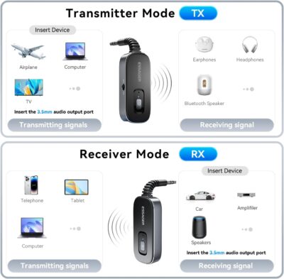 ESSAGER Bluetooth Car Adapter,Noise Cancelling 3.5mm AUX Bluetooth Receiver for Car,Wireless Audio Receiver Transmitter for Home Stereo/Wired Headphones Airplane,Gray - Image 2