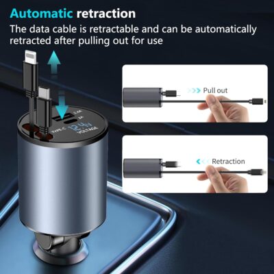 Paiholy 4 in 1 Retractable Car Charger,Fast USB C Car Charger 120W with Dual Retractable Cable Dual USB Ports,Voltage Display Compatible with iPhone 15 Pro Max/14/13/12,Galaxy S23/ S22/S10 - Image 4