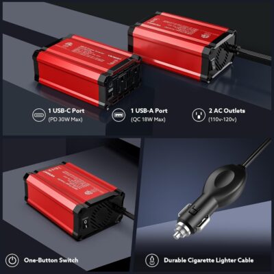 400W Car Power Inverter PD 30W Fast Charging,Vansoet DC 12V to AC 110V Car Inverter Aluminum Housing,USB C PD30W and USB-A QC 18W Port - Dual AC Plug Adapter Outlet for Vehicles,Laptop,Phones,Camera - Image 5