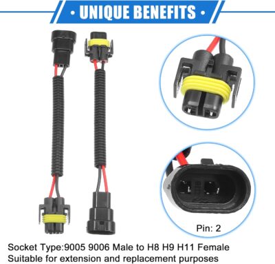 2 Pcs 9005 9006 Male to H8 H9 H11 Female Extension Wire Harness Headlight Fog Lamp Bulb Socket Adapter, Universal for Car Truck Durable Plastic Black - Image 3