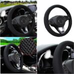 Breathable Stretch Elastic Steering Wheel Cover, Cool in Summer and Warm in Winter, Soft Microfiber Ice Silk Cloth Fabric, Universal 14.5-15 in, Fit Suvs, Vans, Sedans, Cars, Trucks (A-Black+)