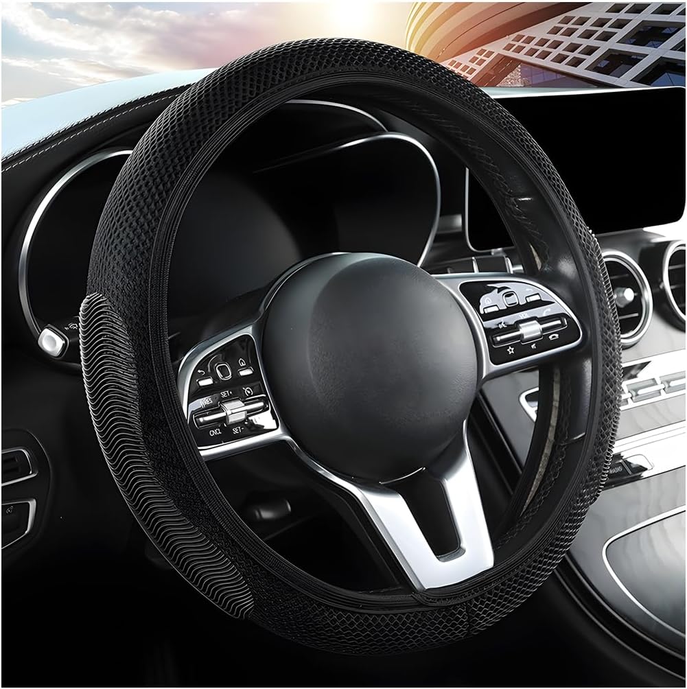 715xkHKJ69L._AC_SL1200_.jpg Elastic Stretch Car Steering Wheel Cover, Breathable No Inner Ring Vehicle Steering Wheel Protector, 15 Inch Ice Silk Anti Slip Automotive Accessories, Universal Fit (Black) - Image 1