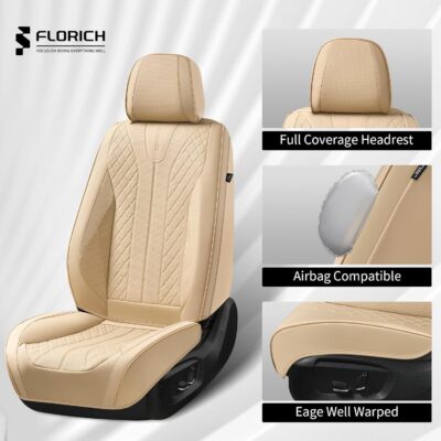 FLORICH Leather Seat Covers, Car Seat Cover Full Set Automotive Seat Covers Waterproof Car Seat Protectors 5 Seats Universal Seat Cover Fit for Most Cars SUV Trucks, Beige - Image 5