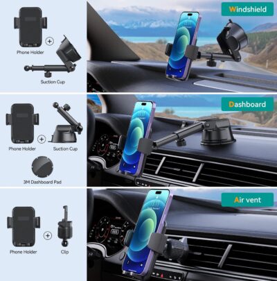 Car Phone Holder Mount, [Military-Grade Suction & Super Sturdy Base] 3 in 1 Universal Phone Mount for Car Dashboard Windshield Air Vent Dash Pad Car Mount for iPhone Android Smartphone - Image 4