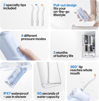 usmile C10 Portable Water Flosser – Travel-Friendly, 95-Day Battery, 4 Modes, 360° Nozzle, 180ml Tank, IPX7 Waterproof, Dentist-Recommended for Braces, Implants & Sensitive Gums (Blue) - Image 6
